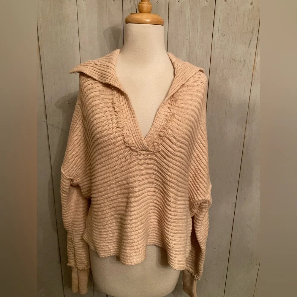 Women's Free People Marlie Pink Ribbed Knit Cotton‎ Blend Pullover Sweater Sz S